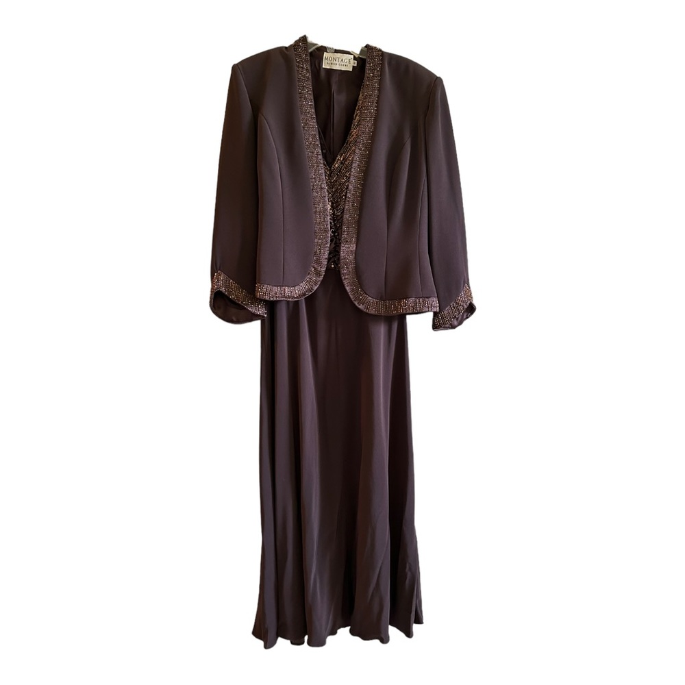 Montage by Mon Cheri Dress and Jacket Sz 16 Brown Full Length Beaded V N…